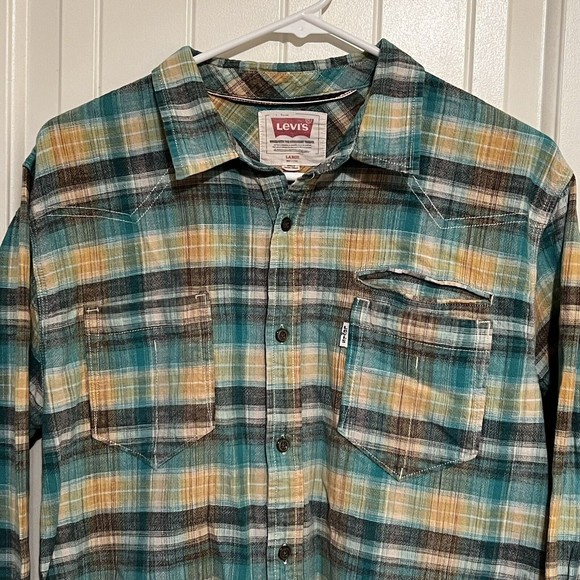 Levi’s Men’s Fantane Castlerock Plaid Shirt Size Large 100% Cotton Button Up - Picture 6 of 16